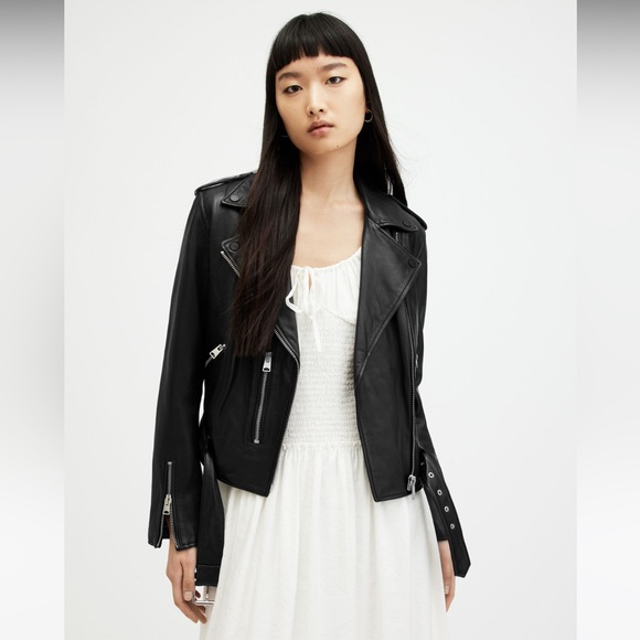 All Saints Black Balfern Belted Hem Leather Biker Jacket Size 2 - Picture 2 of 13